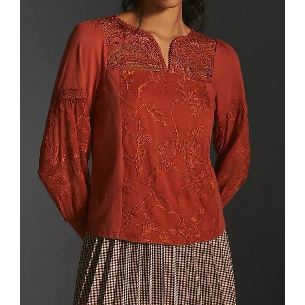 Tiny for Anthropologie Top Women’s XL Noah Orange Embroidered Lace Long Sleeve